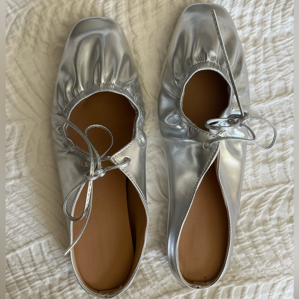 Metallic Silver Ballet Mule Flats with Tie Detail